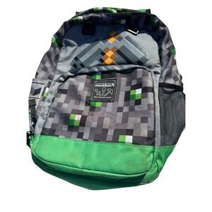 Minecraft Backpack Kids Green Grey Good Pixel Block Pattern Bookbag pre owned